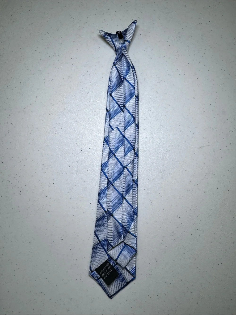Boys Blue Silver Geometric Plaid Clip-On Necktie Pre-Tied Formal Dress Tie 14